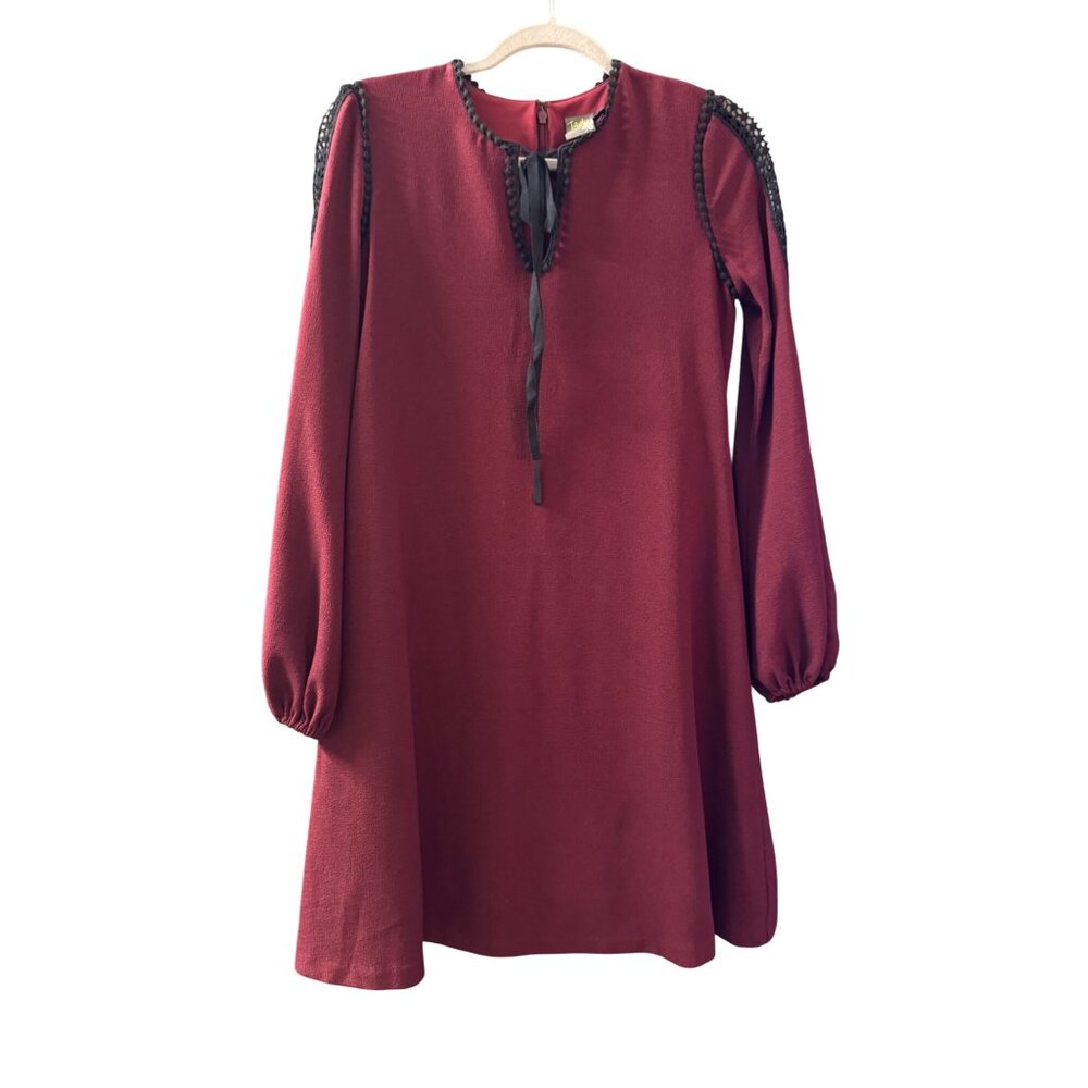 Vintage-Inspired Taylor Burgundy Dress W/ Black Crochet Trim & Ribbon Tie Neckli